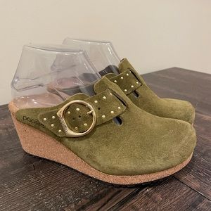 Birkenstock Olive Green Suede Mules with Gold Buckle
